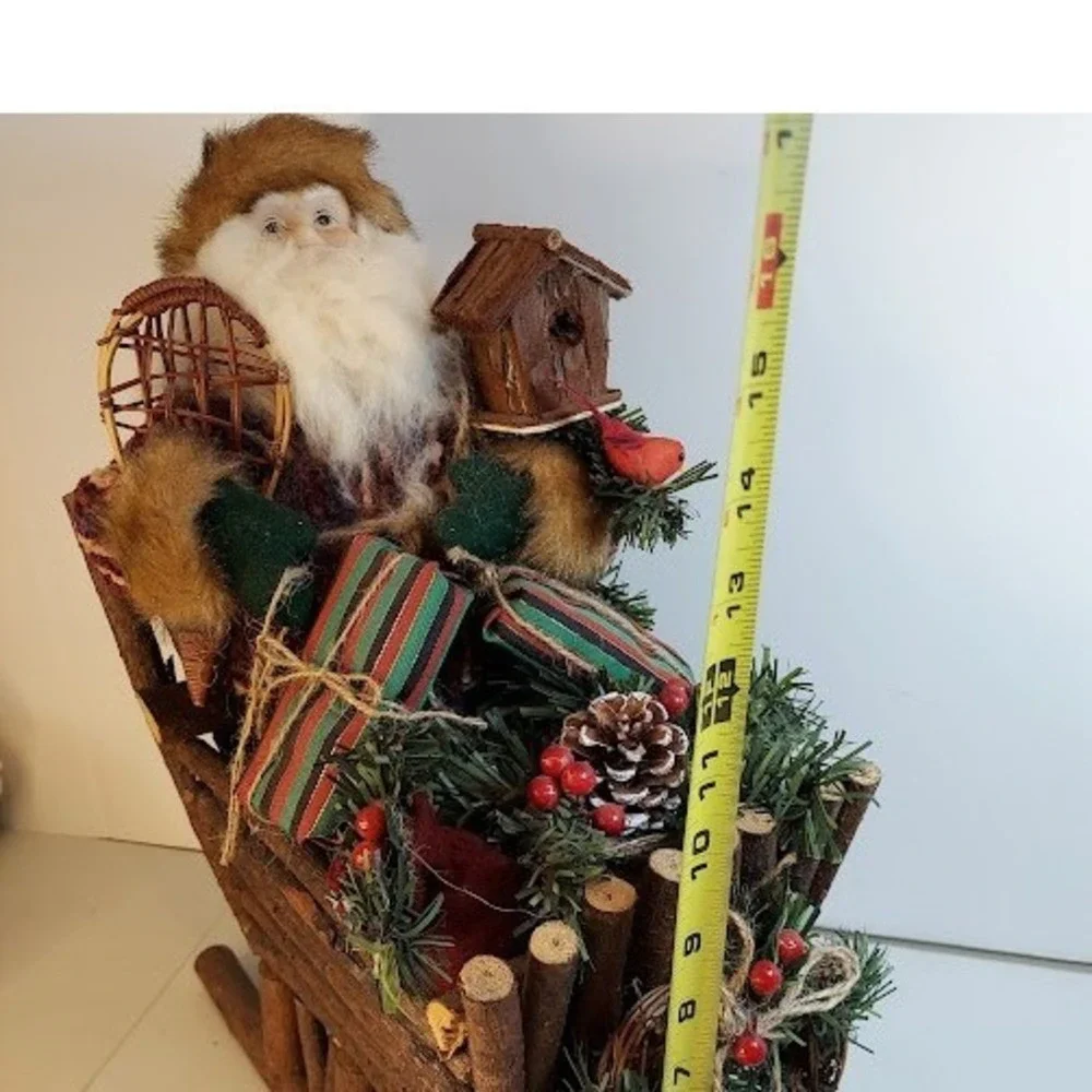 Rustic Woodland Santa Claus on Wooden Twig Sleigh Christmas Decor Birdhouse 12in